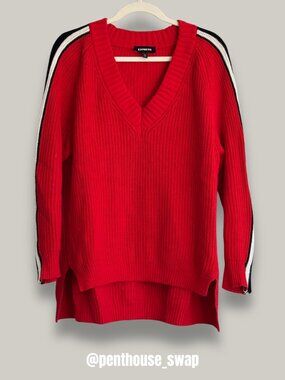Express Red V-Neck Oversized Sweater, Size XS